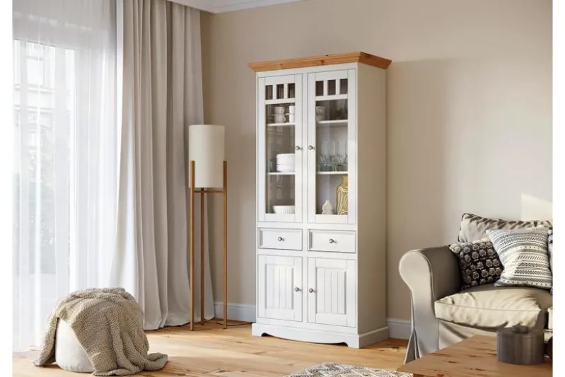 Vetrina shabby chic 2 ante pino massello bianco top naturale
