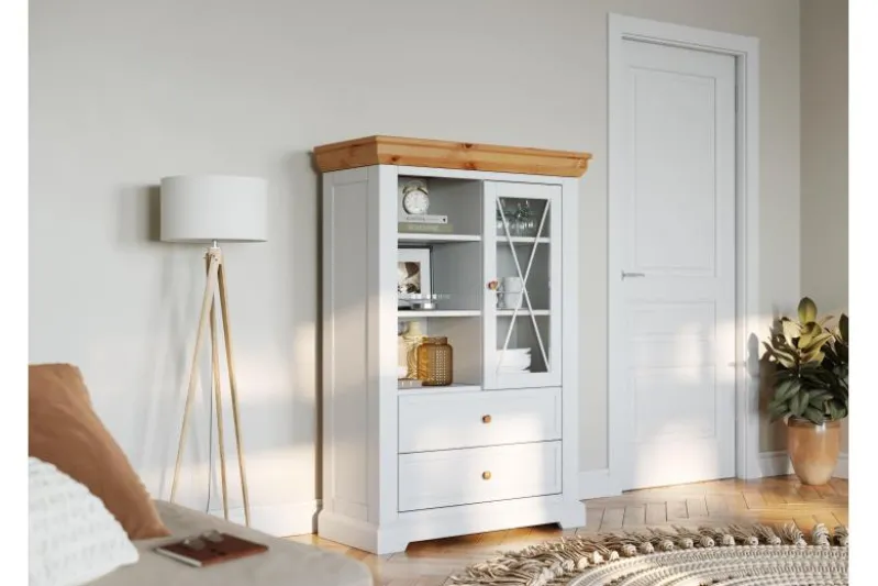Vetrinetta bassa legno massello di pino bianca shabby country