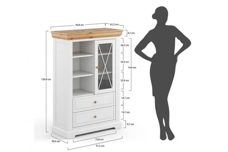 Vetrinetta bassa legno massello di pino bianca shabby country